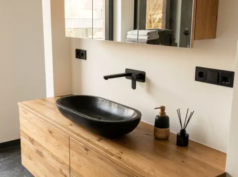 Waschtisch nach Maß in rustikaler Eiche mit schwarzem Aufsatzbecken und Spiegelschrank in Holz