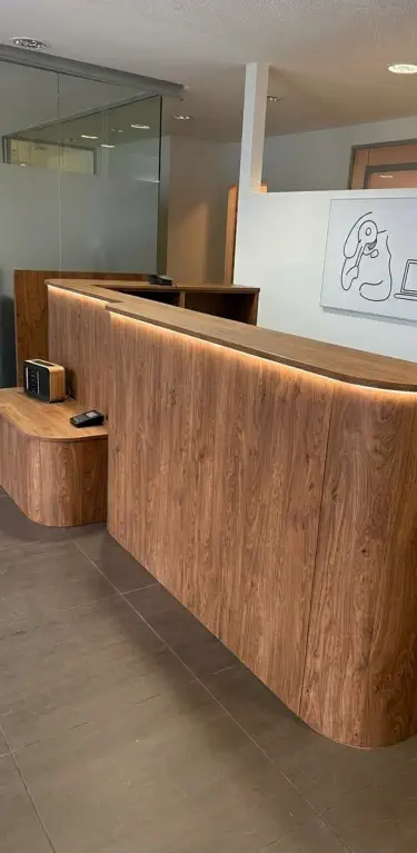 Geschwungene Empfangstheke in Holz mit indirekter LED-Beleuchtung und niedriger Ablage für Besucher